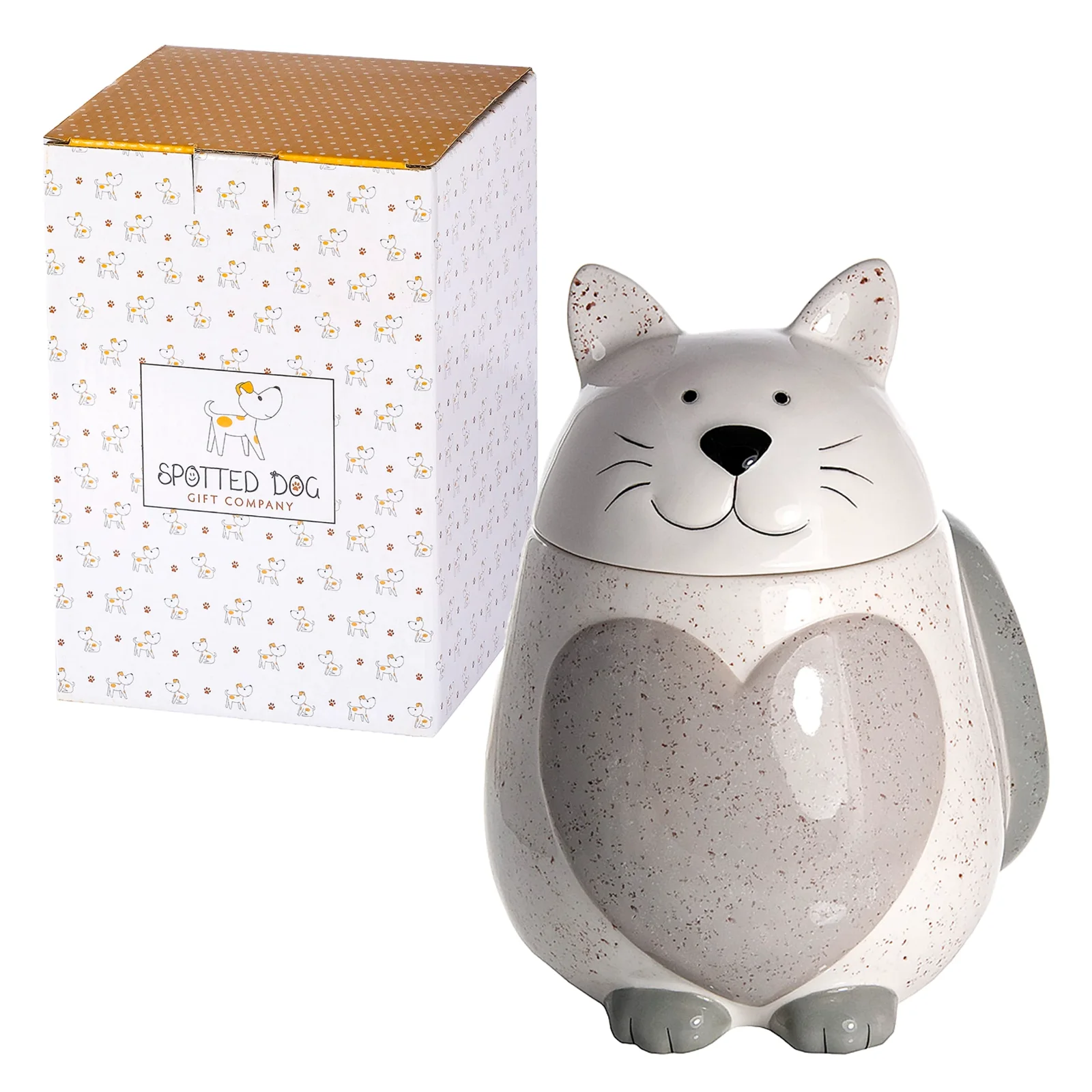 Spotted Dog Gift Company Round White Cat Treat Jar with Heart