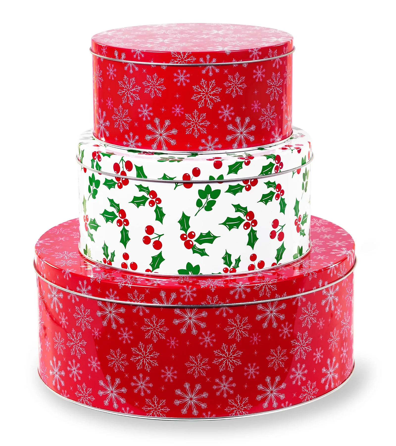 Steel Mill & Co. Round Cookie Tins, Snowflake and Holly, Set of 3