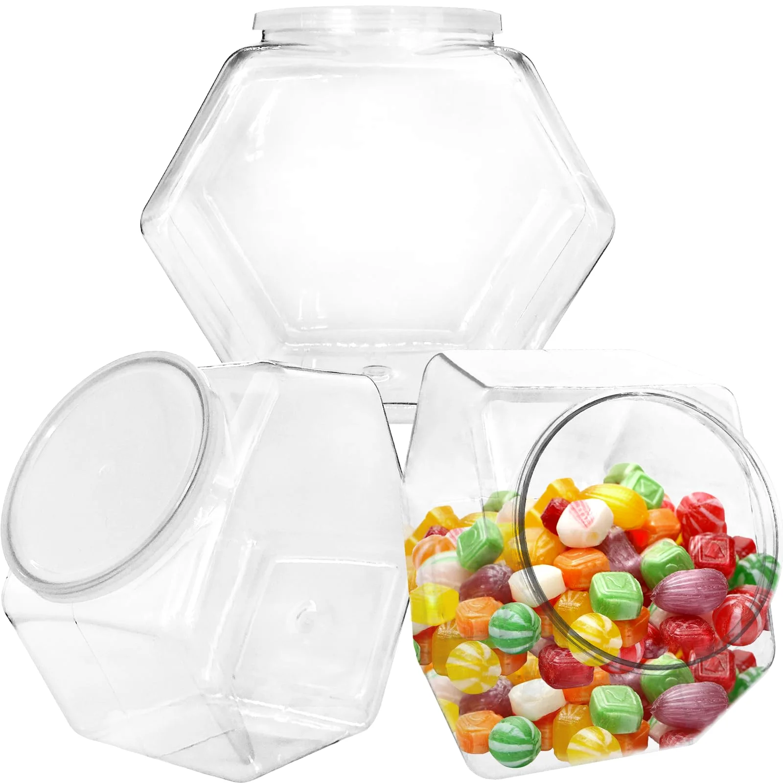 Woozettn Hexagon Plastic Candy Jars, 71 oz, Set of 3